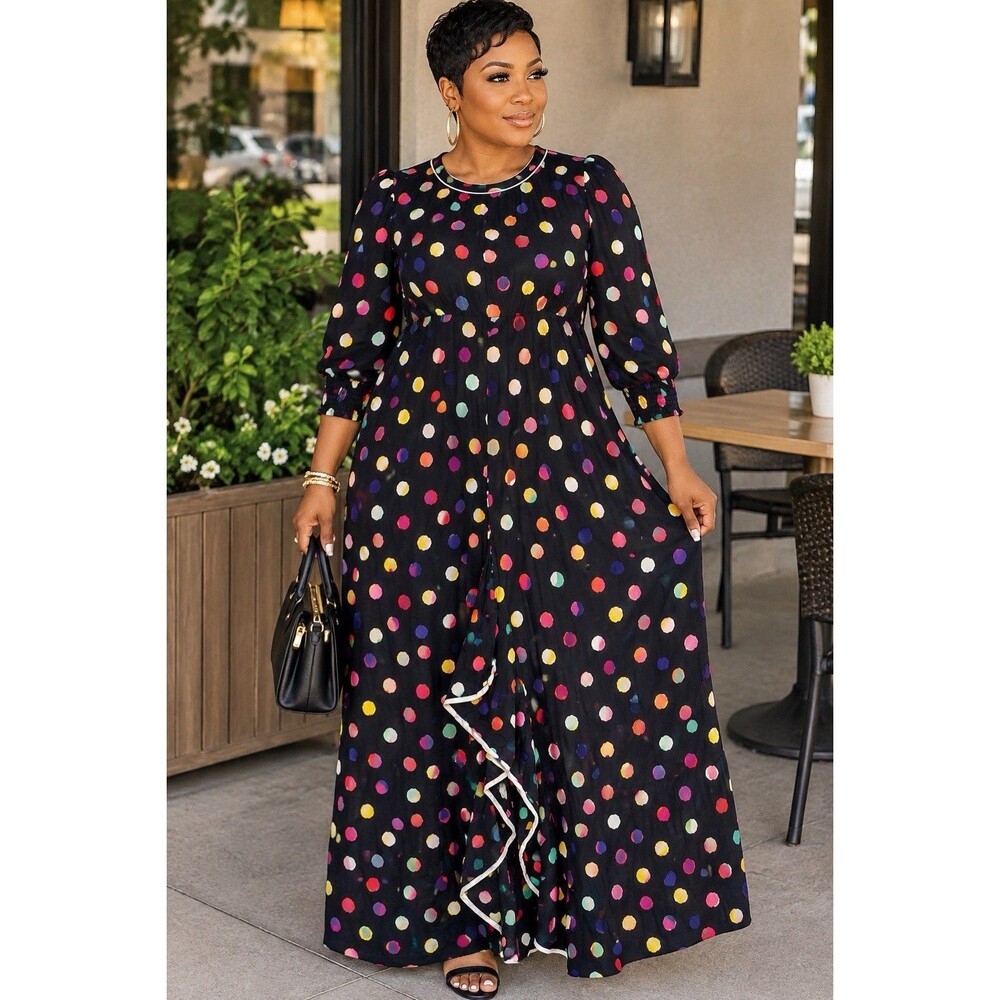 RIXO Black Multi-color Polka Dot Mock Neck Cascade Ruffle Dress Size 14